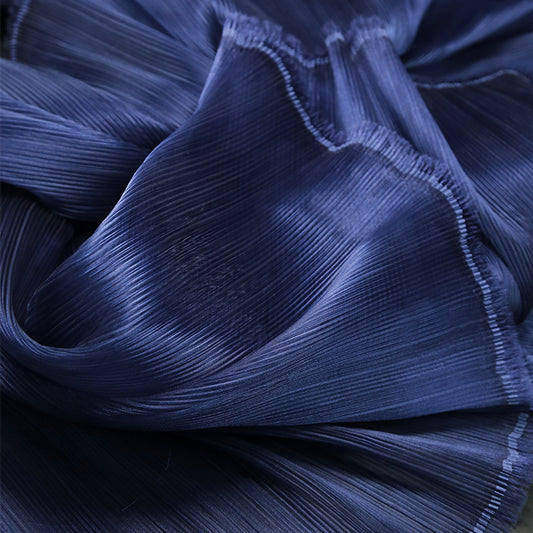 Flowerva Navy Blue Glossy Pleated Texture Wedding Dress Styling Fabric