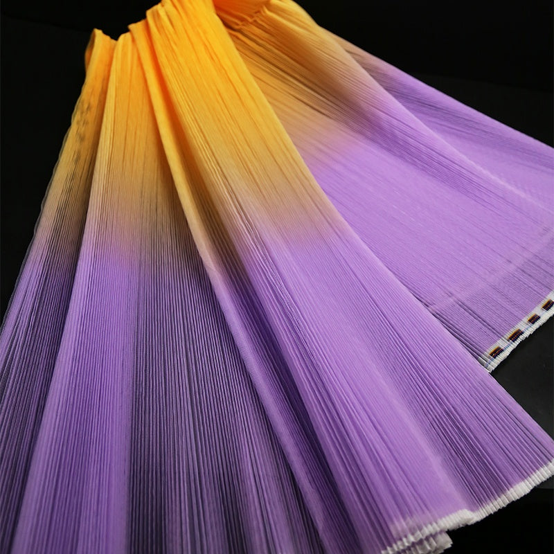 Gradient Yellow And Purple Pleated Organza Crinkle Fabric With Rigid And Wide Trim Stage Handmade Dress Designer Fabrics