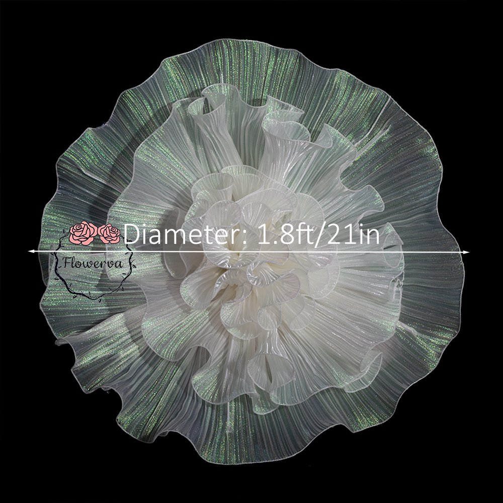 Flowerva White with Iridescent Green Shimmer Ruffled Fabric Flower Decor