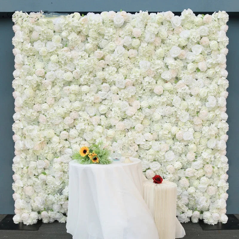Flowerva Brand New 5D White Rose Rolling Up Fabric Peony Artificial Floral Wall Cloth Flower Wall Outdoor Birthday Party Wedding Backdrop Decor Props