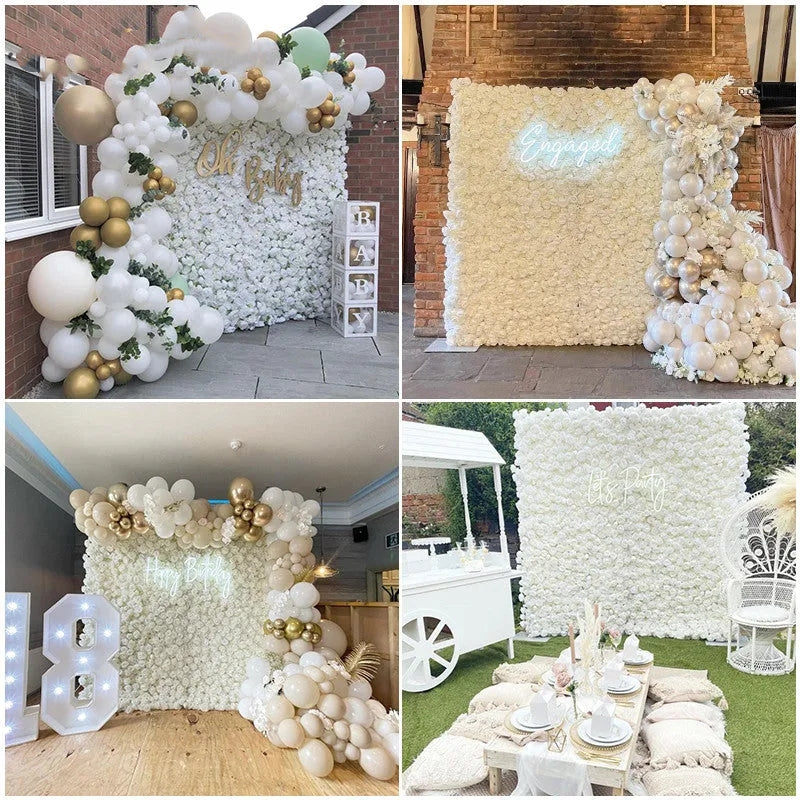 Flowerva Brand New 5D White Rose Rolling Up Fabric Peony Artificial Floral Wall Cloth Flower Wall Outdoor Birthday Party Wedding Backdrop Decor Props