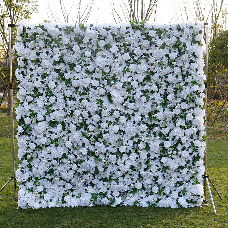 Flowerva Artistic White Rose Cloth Flower Wall  Birthday Party Wedding Backdrop Stage Decor Fabric Floral Wall Window Display Props