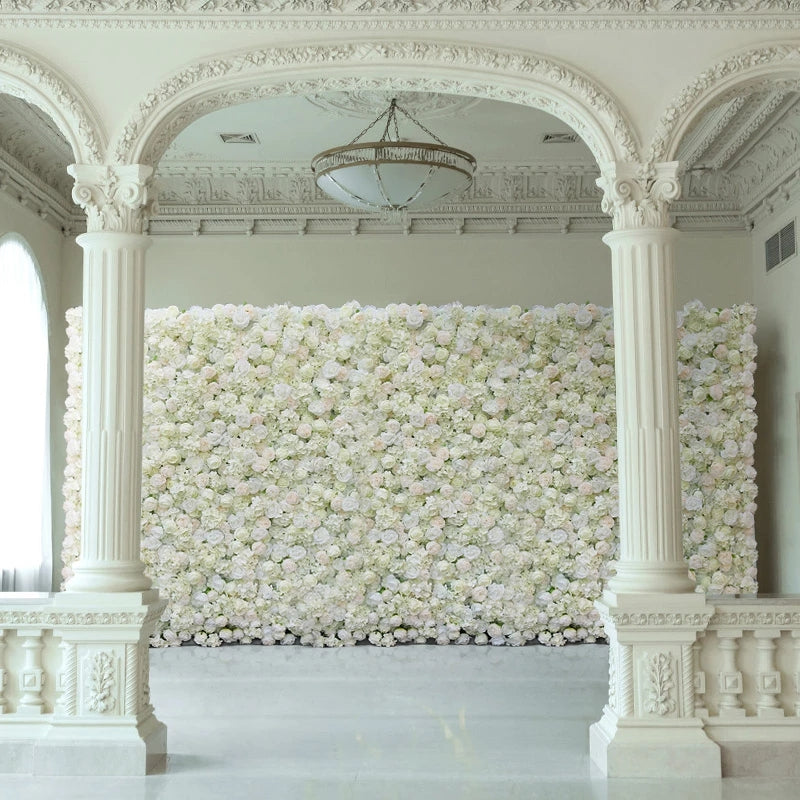 Flowerva Brand New 5D White Rose Rolling Up Fabric Peony Artificial Floral Wall Cloth Flower Wall Outdoor Birthday Party Wedding Backdrop Decor Props